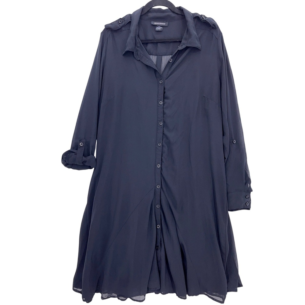 Ashley Stewart Black Shirt Dress 20 Chiffon Plus Curvy Vintage Indie Geek Chic